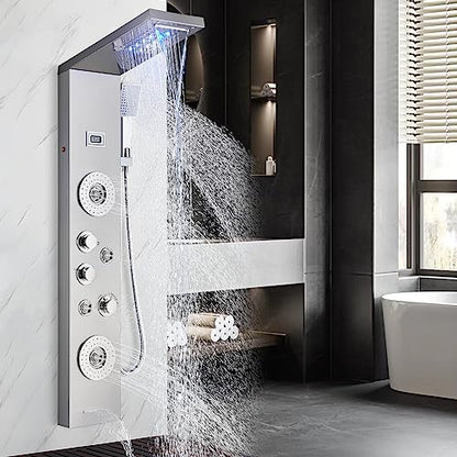 AlenArt Shower Panel LED Shower Tower System with Rainfall Waterfall Shower Head, 4 Body Massage Jets,Hand Shower Sprayer and Tub Spout Stainless Steel, Brushed Nickel - color: Brushed Nickel