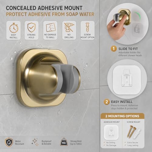 Handle held Shower Head Holder Wall Mount -Adjustable in 5 Positions - Dual Mount Option (Screw/Adhesive) - Brushed Gold - color: Brushed Gold
