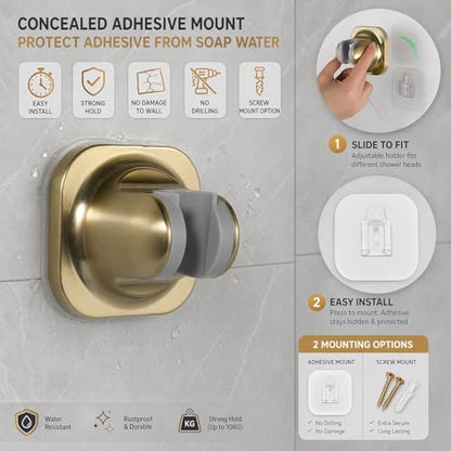 Handle held Shower Head Holder Wall Mount -Adjustable in 5 Positions - Dual Mount Option (Screw/Adhesive) - Brushed Gold - color: Brushed Gold