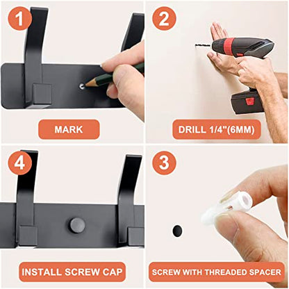 Coat Rack Wall Mounted,5 Coat Hooks for Hanging Coats,Heavy Duty Metal Double Hook Rack Hook Rail,Coat Rack with Hooks,Wall Mount Coat Hanger for Hat Towel Purse Robes ,Black,2Pack (Black2, 5 Hooks) - color: Black2