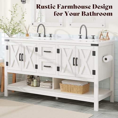 AMERLIFE 60" White Farmhouse Double Sink Bathroom Vanity, Solid White Top | Antique White, Solid White Integrated Top, Moisture-Resistant MDF, 4 X-Panel Doors, 2 Drawers, Open Shelf, Paper Towel Holder - color: Antique White, size: 60”
