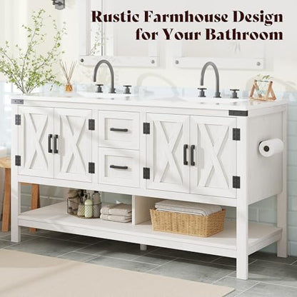 AMERLIFE 60" White Farmhouse Double Sink Bathroom Vanity, Solid White Top | Antique White, Solid White Integrated Top, Moisture-Resistant MDF, 4 X-Panel Doors, 2 Drawers, Open Shelf, Paper Towel Holder - color: Antique White, size: 60”