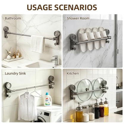 Adjustable Suction Cup Towel Bar, Grey, 20-34", 1-Tier | Extendable Carbon Steel Towel Racks, Space Saving, Bath Towel Holder with Hooks, No-Drill Mounted, For Bathroom Wall
