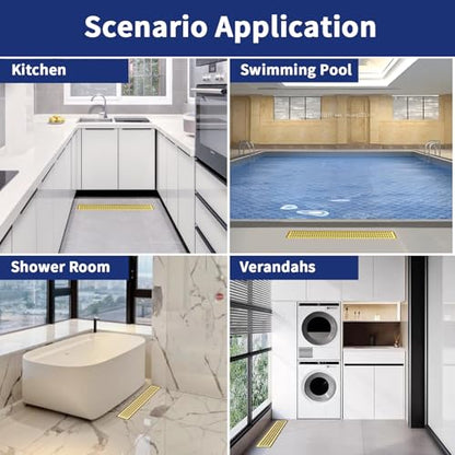 28 Inch Linear Shower Drain - Brushed Gold, with Removable Grate | AISI 304 Stainless Steel Shower Drain, Long Rectangle Shower Floor Drain with Adjustable Feet, Fits Bathroom & Balcony etc - color: Brushed Gold, size: 28 in