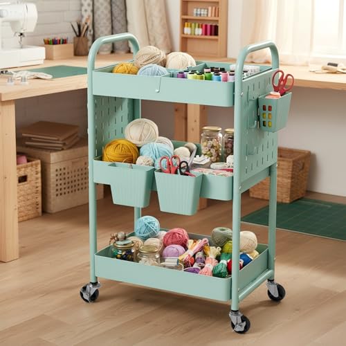 Rolling Cart, Movable Utility Organizer with Retractable Dividers & Pegboards for Kitchen, Bathroom, Office - color: Green