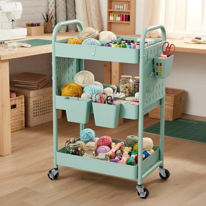 Rolling Cart, Movable Utility Organizer with Retractable Dividers & Pegboards for Kitchen, Bathroom, Office - color: Green