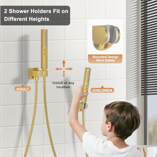 Rain Shower System 12" & 6" Dual Shower Heads Ceiling Shower Faucet Set | Ideal for bathroom remodels and upgrades with 12" rain shower, 6" angled shower, handheld spray and complete valve kit. - color: Brushed Gold, size: Ceiling Mounted - 12"+6" Shower