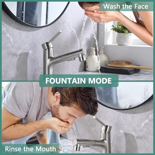 Bathroom Sink Faucet with Pull Out Sprayer, Single Handle Modern Bathroom Basin Faucet with Pop-up Sink Drain Stopper & Deck Plate 1 or 4-inch Centerset 3 Hole, Brushed Nickel - color: Brushed Nickel