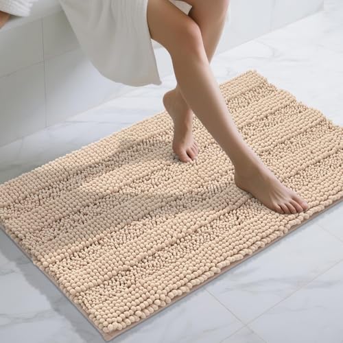 Yimobra Bathroom Rug Mat 44 x 24, Non Slip and Super Absorbent Bath Mat,Machine Washable Quick Dry,Ultra Plush Chenille Shower Rugs for Bathroom Floor Sink Tub and Shower Outside, Beige - color: Beige, size: 44" X 24"