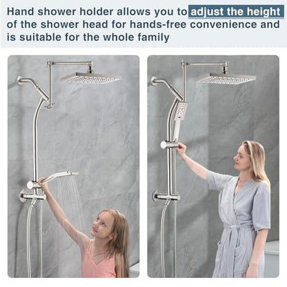 BRIGHT SHOWERS Rain Shower Heads System, Rainfall Shower Head with Handheld Spray Combo Includes Solid Brass Slide Bar, Height Adjustable Holder, Shower Extension Arm and 60" Long Hose, Brushed Nickel - color: Brushed Nickel