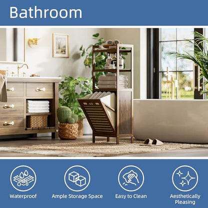 HITNET Bamboo Tilt Out Laundry Hamper, Bathroom Storage Cabinet with Hidden Removable Basket and 3 Open Shelves, Space Saving Bamboo Storage for Clothes, Towels and Toys, Walnut - color: Walnut