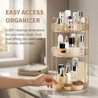 Cididu 360 Rotating Makeup Organizer, 3 Tiers Plastic Bathroom Spinning Holder Rack, Round Lazy Susan Organizer, Large Capacity Countertop Shelf for Cosmetics, Perfume, Skincare, Spice, Toiletries