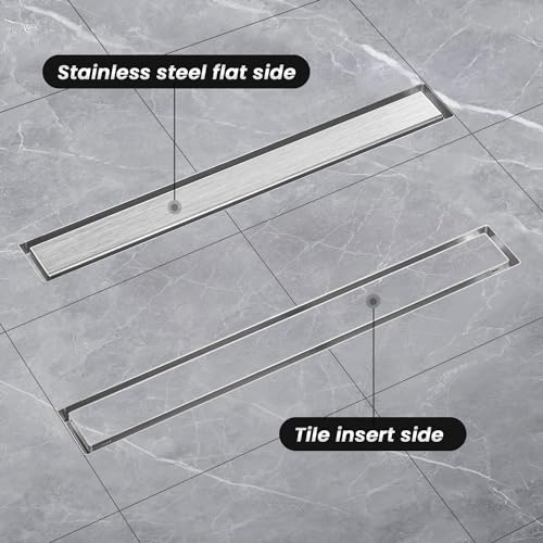 12-Inch Linear Shower Drain with Tile Insert Grate, 2-in-1 Flat Reversible Brushed Cover, Rectangle Floor Drain Brushed 304 Stainless Steel Including Hair Strainer - color: Brushed, size: 12 IN