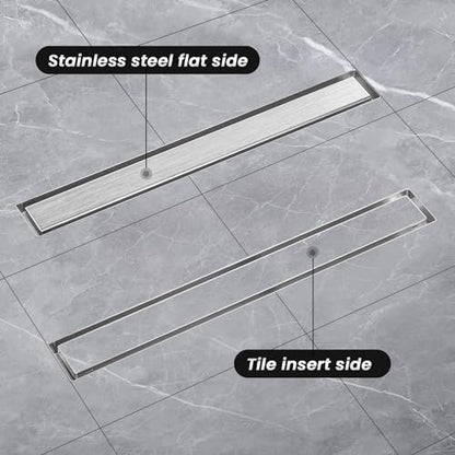 12-Inch Linear Shower Drain with Tile Insert Grate, 2-in-1 Flat Reversible Brushed Cover, Rectangle Floor Drain Brushed 304 Stainless Steel Including Hair Strainer - color: Brushed, size: 12 IN