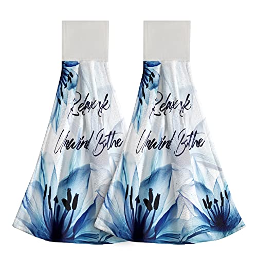 Giwawa Relax Soak Unwind Breathe Hand Hanging Towel Blue Flower Kitchen Tie Towels Set of 2 Dish Cloths Durable for Bathroom Laundry Room - color: Blue Floral