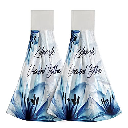 Giwawa Relax Soak Unwind Breathe Hand Hanging Towel Blue Flower Kitchen Tie Towels Set of 2 Dish Cloths Durable for Bathroom Laundry Room - color: Blue Floral