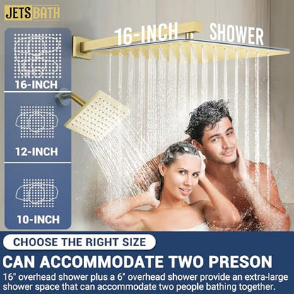 16" Thermostatic Dual Rainfall Head Shower System with Handheld & Valve, 16-Inch Shower Faucet Set with 6-Inch Shower Head, JetsBath Brushed Gold Full Body Shower System for Couples/2-Person
