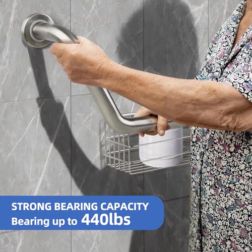 FSA Eligible, Upgrade 16 inch Angled Grab Bar with Storage Basket, Handicap Grab Bar for Elderly, Stainless Steel, Grab Bars for Shower, Bathroom Mobility Aid, Heavy Duty 550lbs Support
