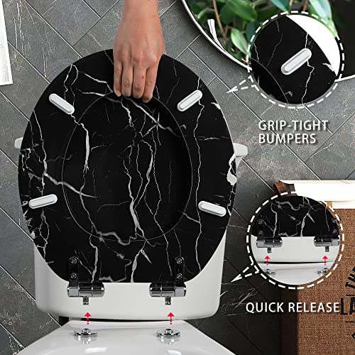Angel Shield Marble Toilet Seat Durable Molded Wood with Quiet Close,Easy Clean，Quick-Release Hinges (Round,Black Marble) - color: Black Marble-Round, size: Round-16.5“