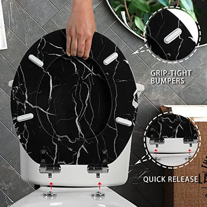 Angel Shield Marble Toilet Seat Durable Molded Wood with Quiet Close,Easy Clean，Quick-Release Hinges (Round,Black Marble) - color: Black Marble-Round, size: Round-16.5“