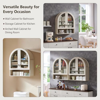 IFGET Bathroom Arched Wall Cabinet, 23.6'' Wide Medicine Cabinet with Adjustable Shelves & Acrylic Glass Doors, Over The Toilet Storage Wall Mount Cabinet for Laundry Room,Kitchen & Living Room, Cream - color: Cream