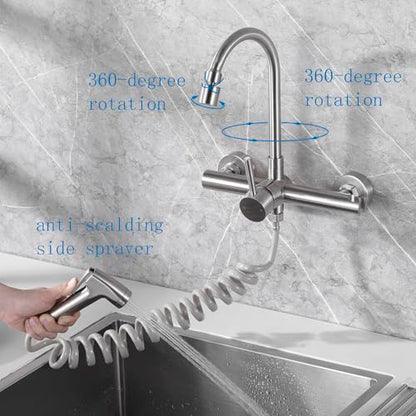 Wall Mount Kitchen Faucet with Side Sprayer, Mixer Tap, 360�� Swivel Spout | 304 Stainless Steel Constructed, Brushed Nickle, Rotatable, 8"" Center - color: Style E