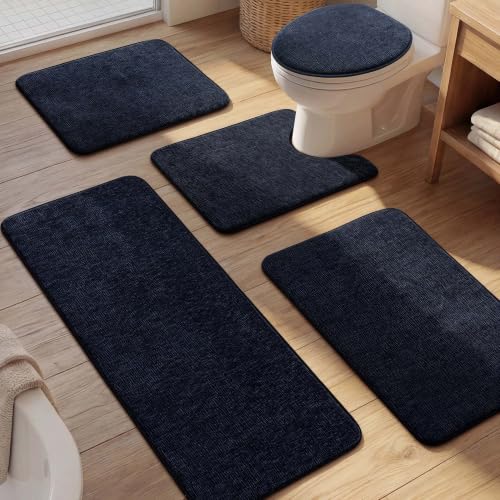 Bathroom Rug Set 5 Piece, Memory Foam Blue Bath Mat Non-Slip Quick Dry Absorbent Bath Mats for Bathrooom, Washable Bathroom Rug and U-Shaped Contour Toilet Rug Bath Rug Set for Bath Floor - color: Blue, size: 5pieces