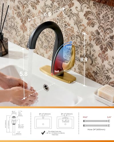 WOWOW Single Handle Bathroom Faucet 1 Hole High Arc Bathroom Basin Faucet Black and Gold with Pop-up Drain, Solid Brass Commercial Bathroom Sink Basin Vanity Bar Faucet (Patented Product) - color: Black and Gold
