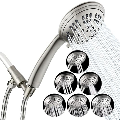 G-Promise Shower Head with Metal Shower Holder and Long Hose | High Pressure, Solid Brass Holder, 6 Spray Settings, 70" to 75" Stainless Steel Hose, Adjustable Angle, Easy DIY - color: Brushed Nickel
