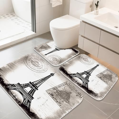 Paris Eiffel Tower France City of Love Bathroom Rugs and Mats Sets 3 Piece, Memory Foam Bath Mat, U-Shaped Contour Shower Mat Non Slip Absorbent, Velvet Washable 20 x 31 inches - color: Color12