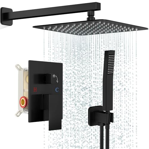 FPXRNG Shower Faucet Set Rainfall Shower System with Square Shower Head and Handle Set Rough-in Valve and Metal Trim Kit Included Matte Black 10 Inch Wall Mounted Shower Fixtures - color: Matte Black, size: 10 Inch Wall Mount Shower Head