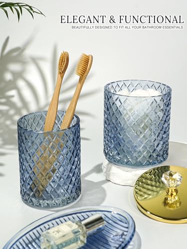 Haturi Glass Bathroom Accessories Set, Navy Blue Bathroom Set, 4 Pcs | Kit w/ Bathroom Soap Dispenser Set, Toothbrush Holder, Qtip Holder, Vanity Tray, Blue Bathroom Decor, Gift for Home Apartment - style: Navy Blue