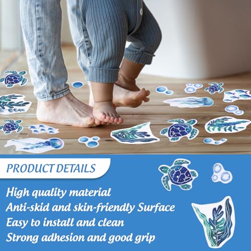 JarThenaAMCS 24 Pcs Turtle Non Slip Bathtub Sticker with Scraper Gradient Blue Anti Slip Shower Tread Adhesive Ocean Animal Shower Decal for Bathroom Floor Decoration