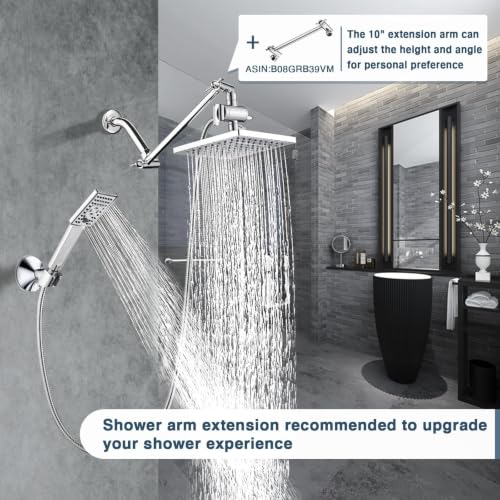 BRIGHT SHOWERS Rain Shower Head with Handheld Spray, 8 Inch High Pressure Rainfall Shower Head Combo with 60” Hose, Adjustable Dual Square Showerhead with 3-Way Diverter, Wall Bracket, Chrome - color: Chrome, style: Dual Shower Head