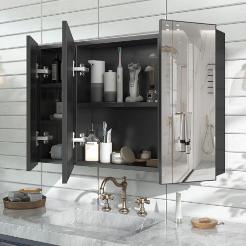 40 x 28 Black Medicine Cabinet, Aluminum Mirror Medicine Cabinet for Bathroom, Pre-Assembled Recessed/Surface-Mounted Medicine Cabinet, Tempered Frameless Mirror - color: Black, size: 40 x 28