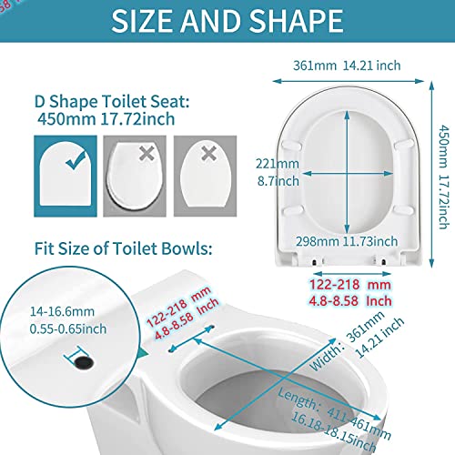 Toilet Seat D Shape Soft Close Quick Release Easy Clean Toilet Seat Replacement with Non-Slip Bumpers for Bathroom White