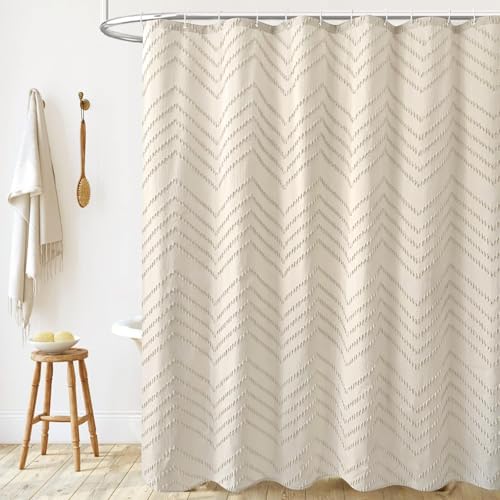Beige Boho Shower Curtain 72 x 72 Modern Farmhouse Shower Curtain Bohemian Chic Tufted Chevron Textured Striped Minimalist Shower Curtains Woven Fabric Beige Shower Curtains | Textured Tufted Chevron Striped,Modern Minimalist Cloth Shower Curtains for Bat