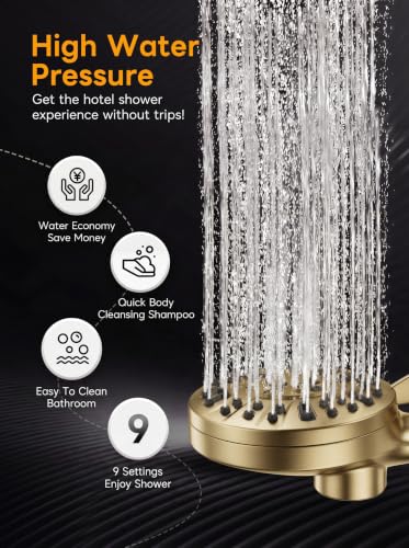 High Pressure Handheld Shower Head Brushed Gold- Anti-clog Nozzles, Built-in Power Wash to Clean Tub, Wall & Overhead Brackets,Magnetitc Rainfall Showerhead with handheld - color: Brushed Gold