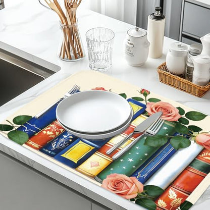 1Pc Vintage Book Dishes Drainer Mat 23.6x17.7 Inch/60x45cm Microfiber Polyester Cotton Dishes Drainer Mat Floral Print Absorbent Pad Coffee Machine Station Mat With Hanging Loop, Vintage - style: Book Flower