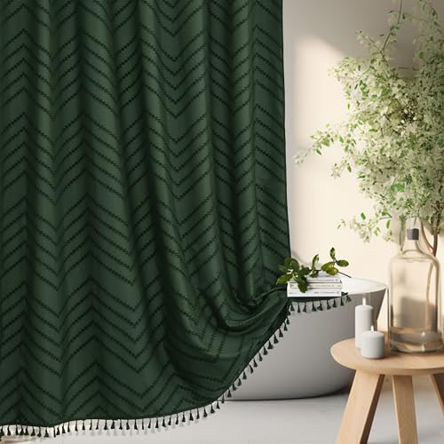 Siiluminisoy Extra Long Dark Green Boho Shower Curtain with Tassel, Woven Fabric 84 in Shower Curtain, Tufted Chevron Striped, 72 x 84, Modern Chic Textured Minimalist Bathroom Shower - color: A Dark Green, size: 72"W x 84"L (Pack of 1)