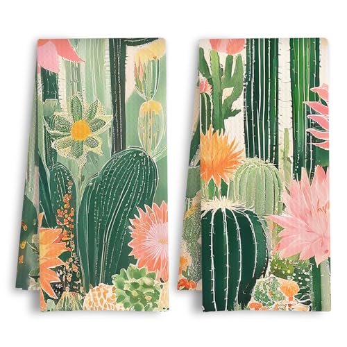 Boho Mexican Cactus Floral Kitchen Towels, Vintage Western Dish Tea Towels, Traditional Mexican Botanical Cactus Desert Decorative Hand Towel for Bathroom Kitchen, 16x24 Inch Set of 2 - color: Mexican Cactus Floral