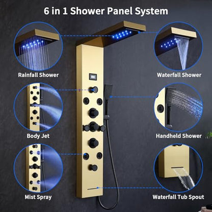 POPFLY LED Rainfall Waterfall Shower Panel Tower System, 4 Body Jets and 4 Mist Spray, 3-Function Handheld Shower, Stainless Steel Shower Tower with Temp Display, Brushed Gold - color: 8 Jets-Gold