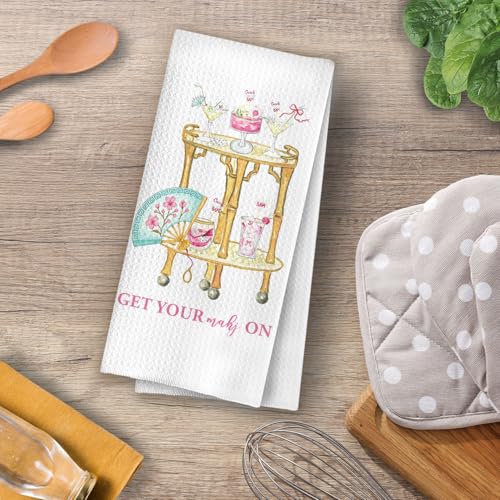 Mahjong Chinoiserie bar Towel - Bar Cart Mahjong Chinoiserie Decorative Waffle Dish Towels, Chinoiserie Hand Towel, Cocktail Tea Towel, 16x24 Inch - color: Mahjong Bar