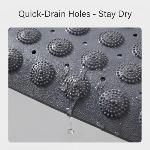 Double-Sided Anti-Slip Bath Tub Mat with Suction Cups and Drain Holes, Textured Surface, Bathtub Rug for Safety and Relaxation, 31.5" x 16" Grey