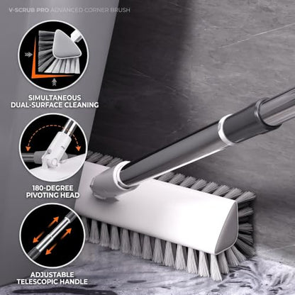 V-Shaped Floor Scrub Brush with Long Handle, Heavy-Duty Stiff Bristle Grout Cleaning Brush, 180° Rotating Tile Scrubber for Bathroom, Shower, Kitchen, Garage, Patio, Deck & Concrete Floors - color: New White Grey