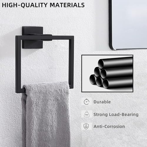 Towel Ring Stainless Steel Square Towel Rack Bathroom Vanity Towel Hanging Ring Hand Towel Holder for Bathroom Wall Hand Towel Holder -Towel Ring Black