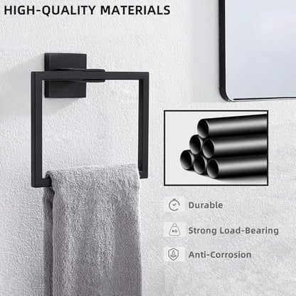 Towel Ring Stainless Steel Square Towel Rack Bathroom Vanity Towel Hanging Ring Hand Towel Holder for Bathroom Wall Hand Towel Holder -Towel Ring Black