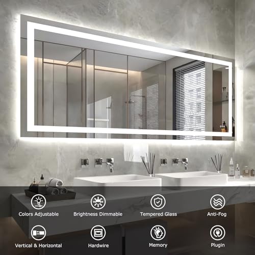 Hivone 72"X32" LED Bathroom Mirror with Lights, Anti-Fog, Dimmable, Backlit + Front Lit, Smart Bathroom Vanity Mirror, Memory Function, Shatterproof, Tempered Glass (Horizontal/Vertical) - size: 72"L x 32"W