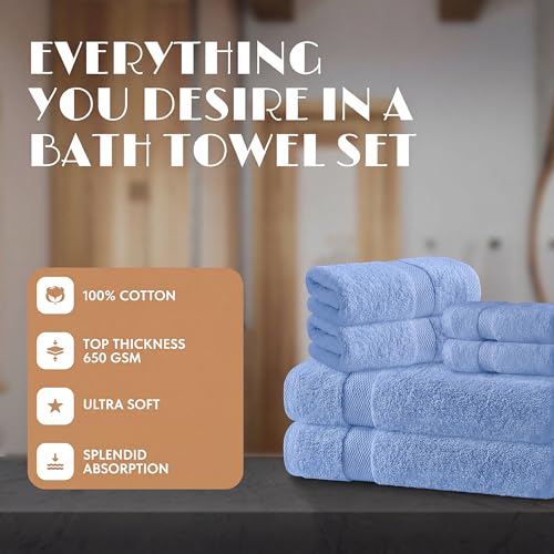 White Classic Light Blue Bath Towel Set of 6-100% Cotton Highly Absorbent Towels for Bathroom, 2 Luxury Bath Towels 650GSM, 2 Hand Towels, 2 Washcloths - color: Light Blue