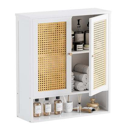 HITNET Rattan Wall Cabinet, Bathroom Hanging Storage Cupboard Over the Toilet, Space Saving Medicine Cabinet with Adjustable Shelf, White - color: White